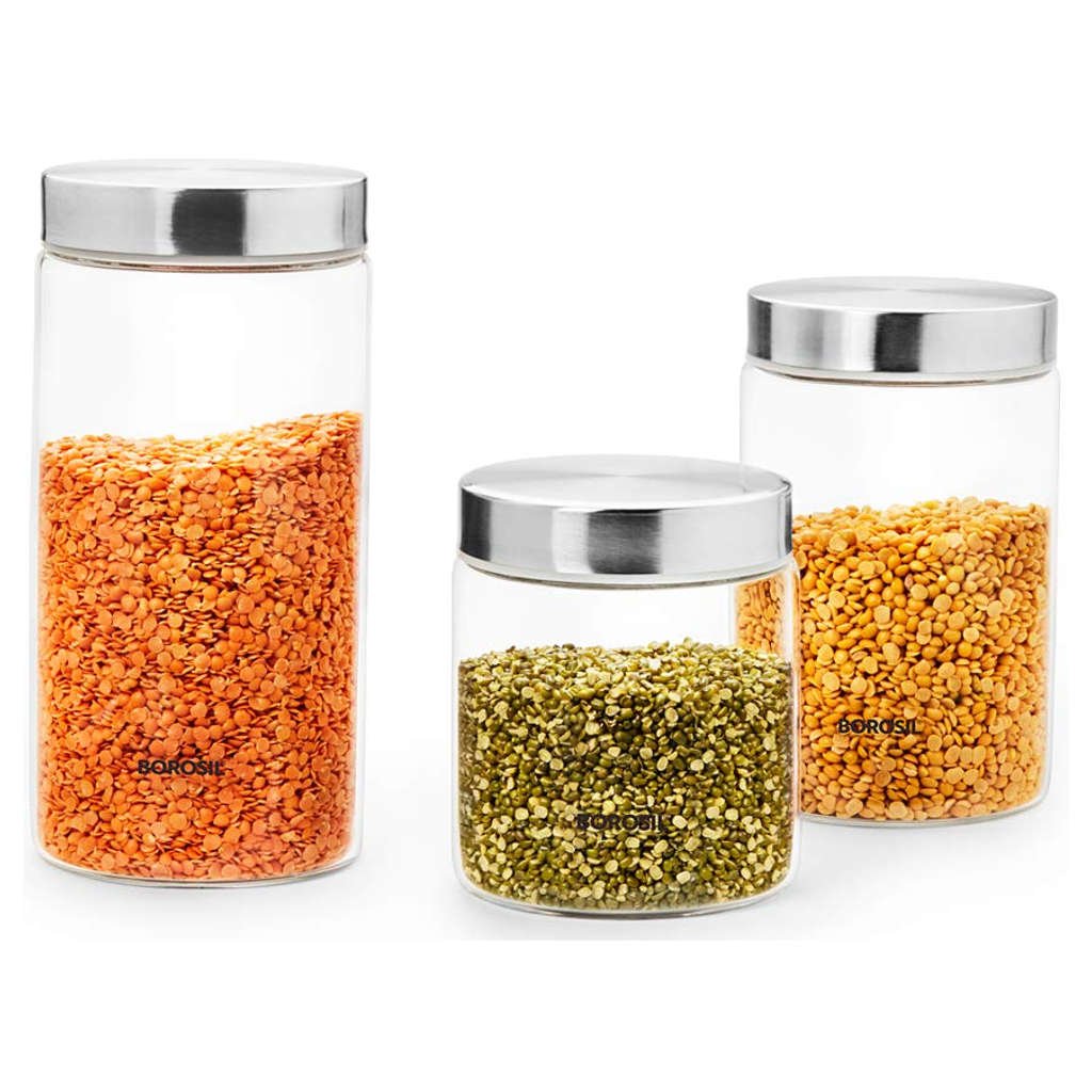 BOROSIL JAR-ENDURA ROUND SO3 750ML+1LTR+1.3LTR SS LID