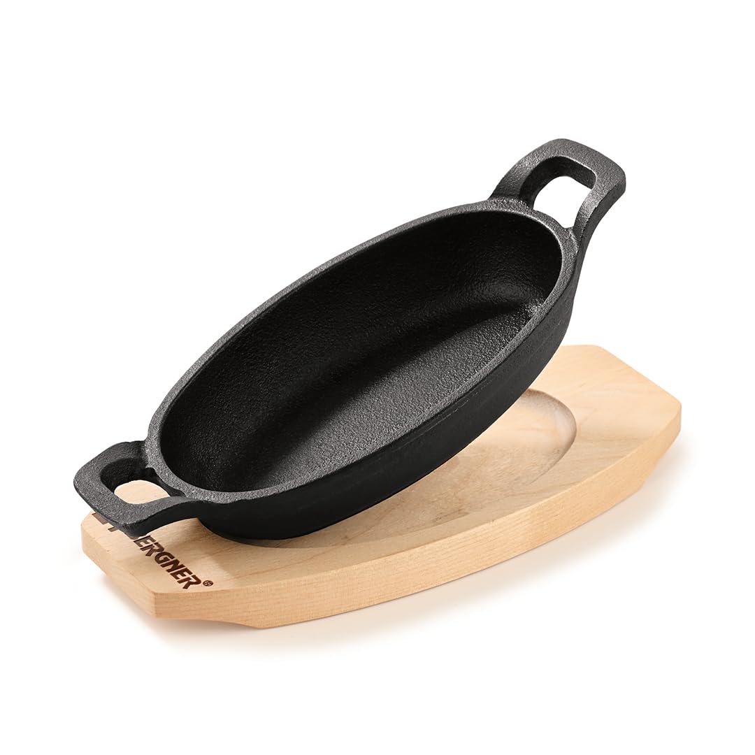 Bergner Mini Cast Iron Baking Pan with Wooden Tray | Oval | Black