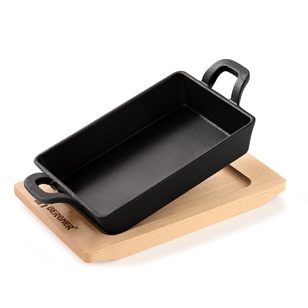 Bergner Mini Cast Iron Baking Pan with wooden Tray | Rectangle | Black
