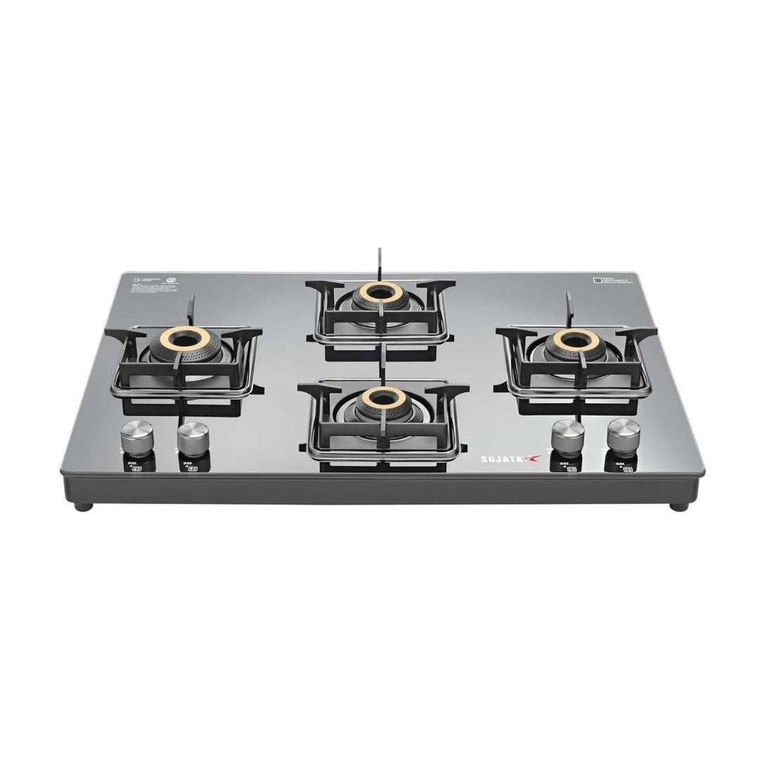 Sujata Maestro Premium Cross Gas Stove | 4 Burners | 9 Year Warranty | 360° Rotating Brass Nozzle | Black