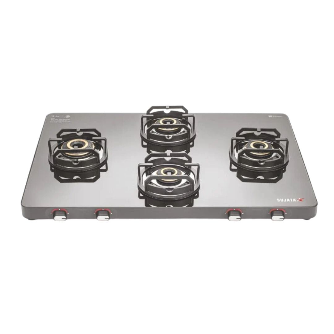 Sujata Premium Stellar Cross 4 Burner Gas Stove | Glass Tops | Heavy Duty Brass Burners for Modern Kitchen
