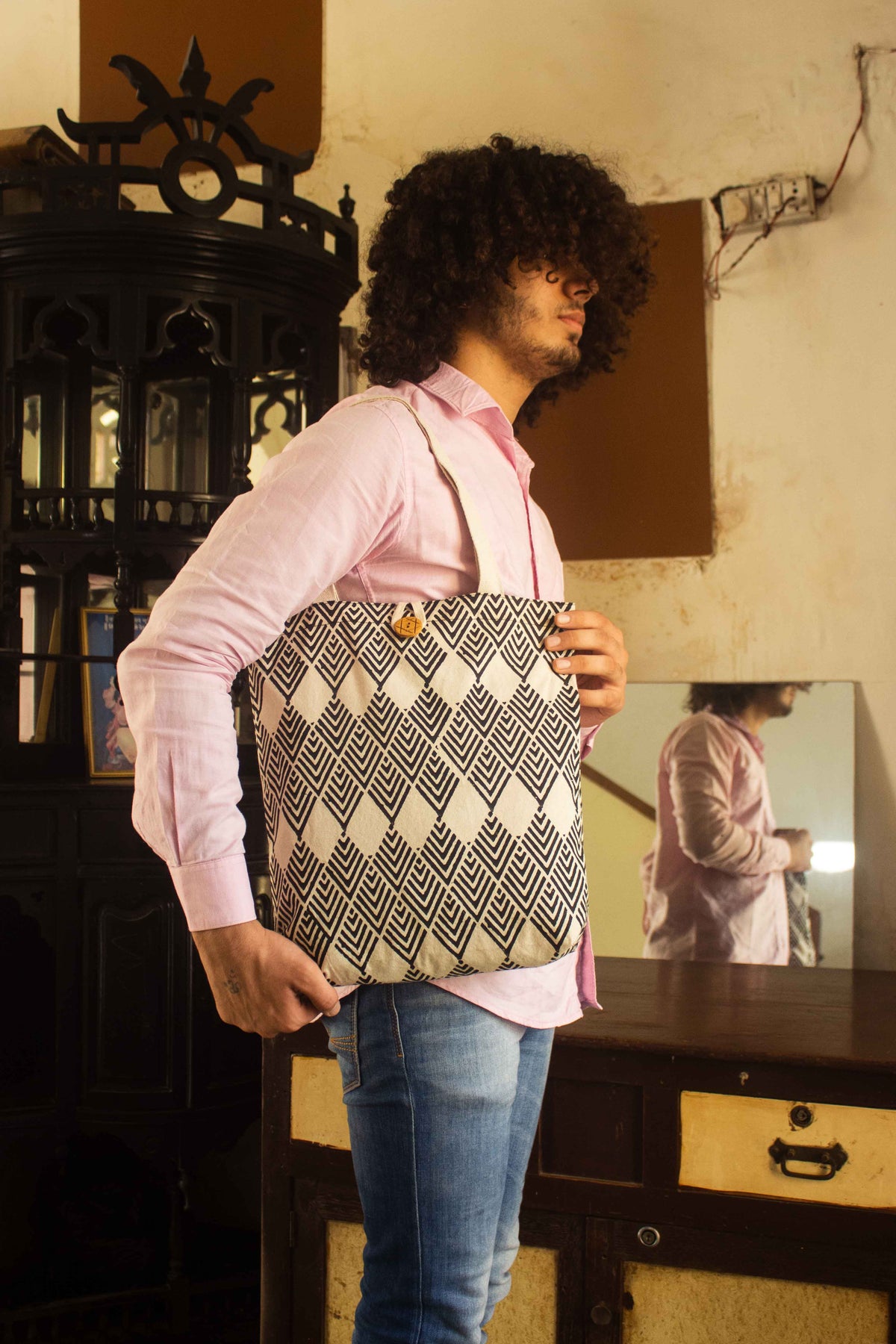 Cotton Shopping Tote Bag · Geometric Black-2