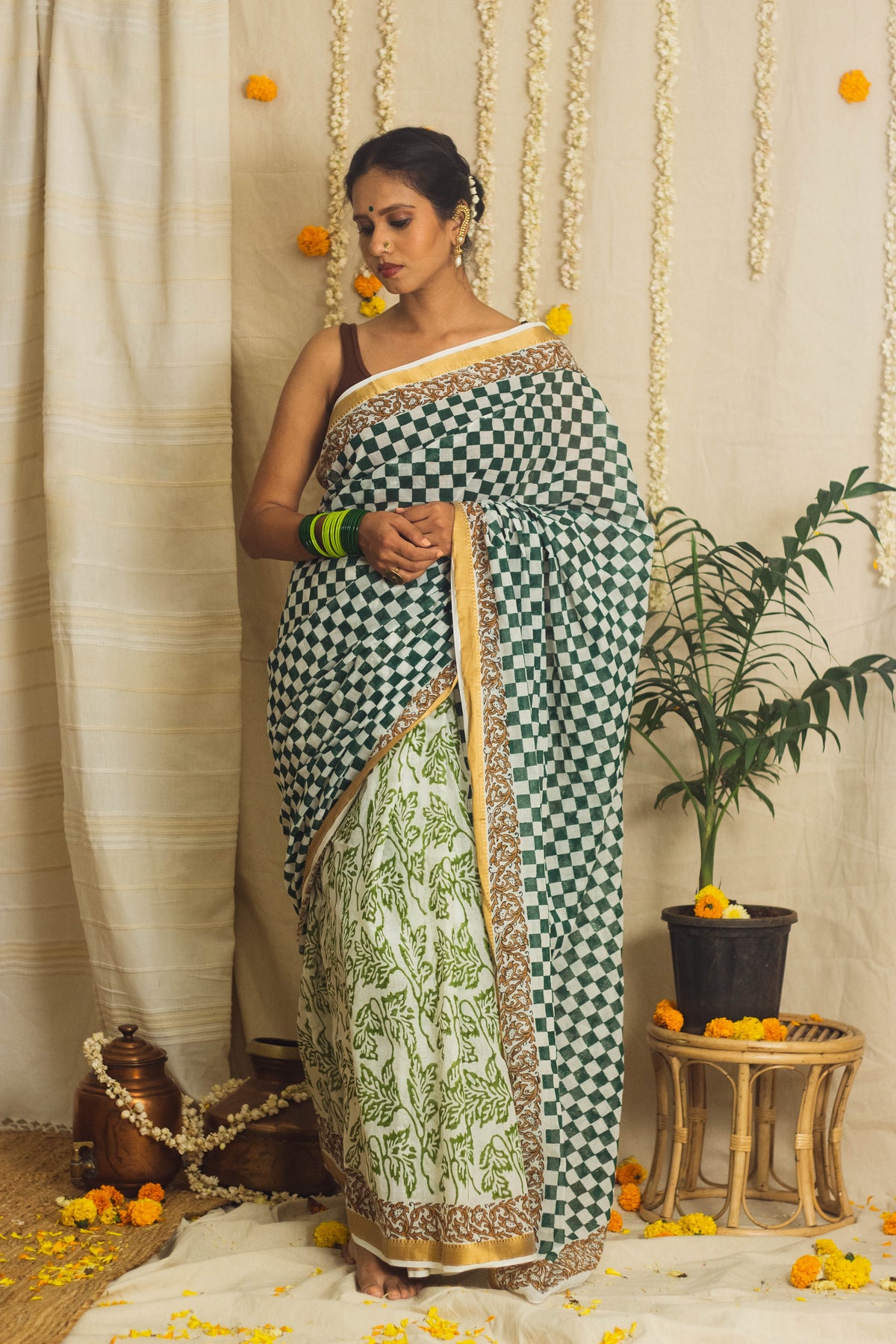 Mul Cotton Block Printed Saree • Chess board-1