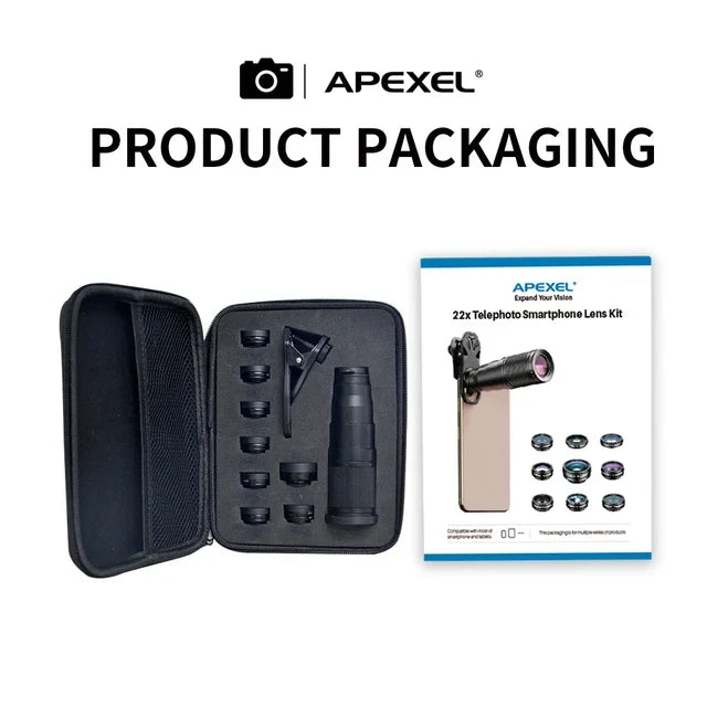 APEXEL 10 in 1 Combo Pack 22X Mobile Zoom Lens, Fisheye lens, Wide Angle, Macro, and Filters Combo engnew29 engnew55 Filters Fisheye Macro Wide Angle Zoom - APEXEL INDIA - Mobile Lens - Mobile Camera Lens - Cellphone Accessories - Phone Lens - Smartphone Lens