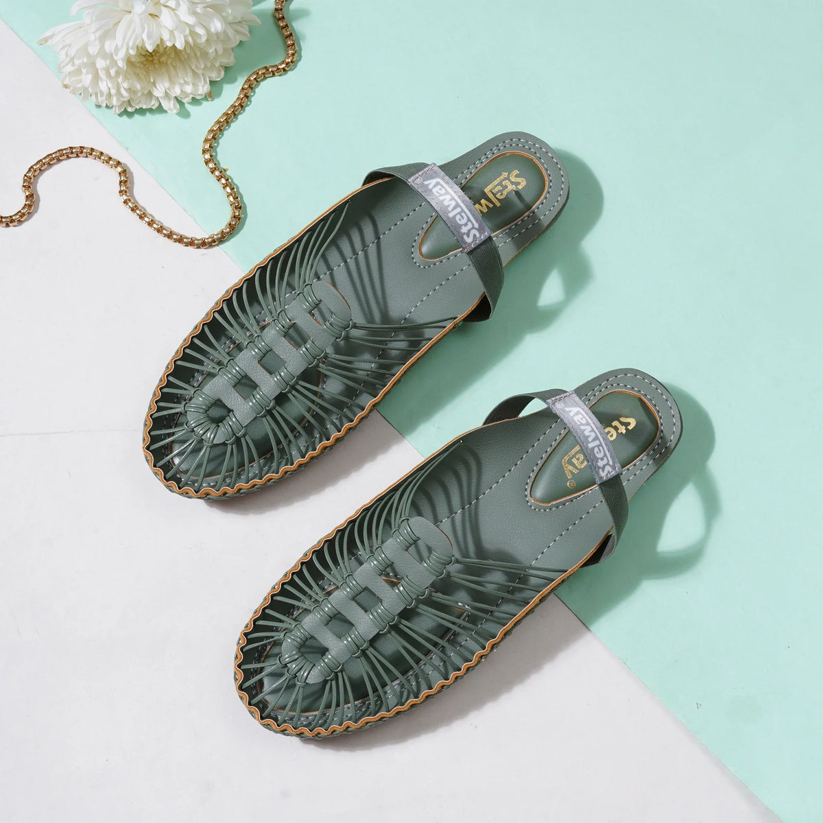 Buy Green Handcrafted flat clogs sandal for women online at www.stelway.in
