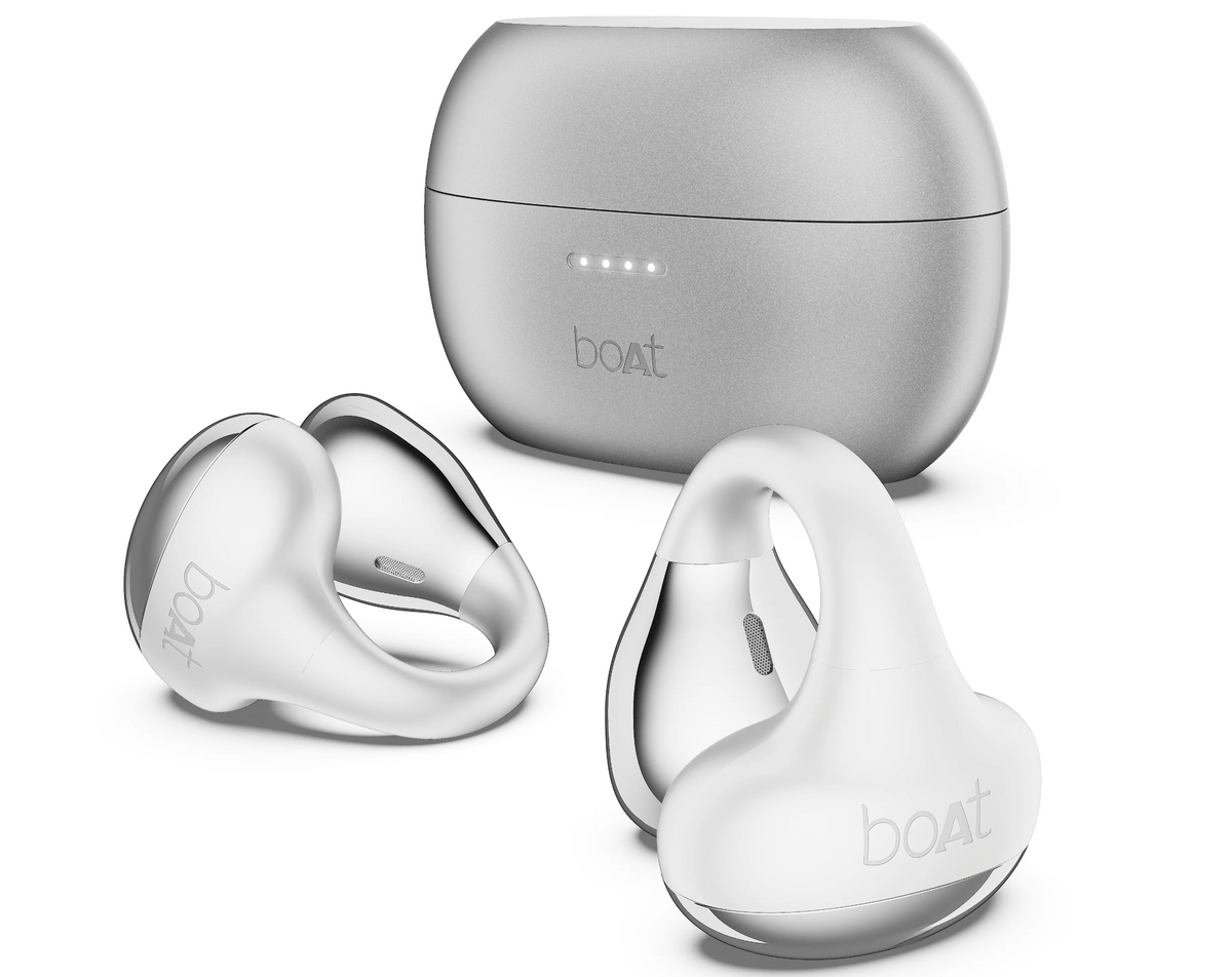 boAt Airdopes Loop OWS clip-on earbuds in Cool Grey with charging case on a white background