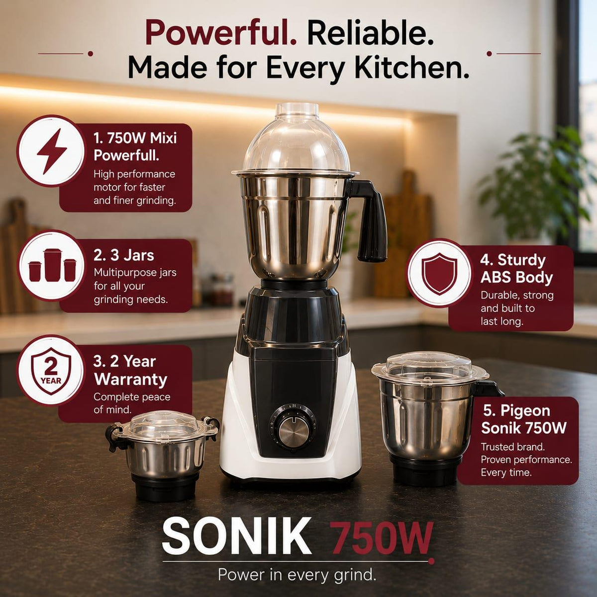 Pigeon Sonik Mixer Grinder | 750 Watts | White | 3 Jars | 2 Years Warranty