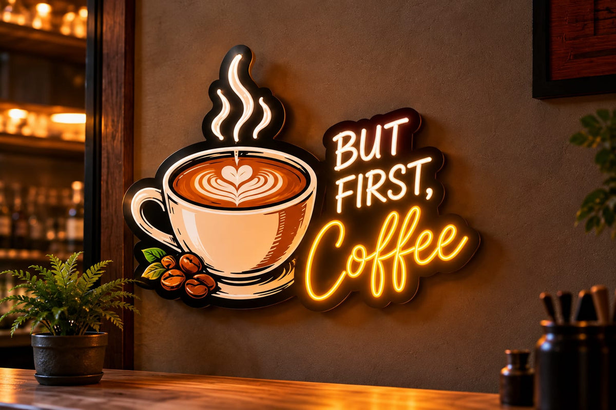 But First, Coffee Neon Sign – Warm White & Golden Yellow LED Wall Light for Cafés