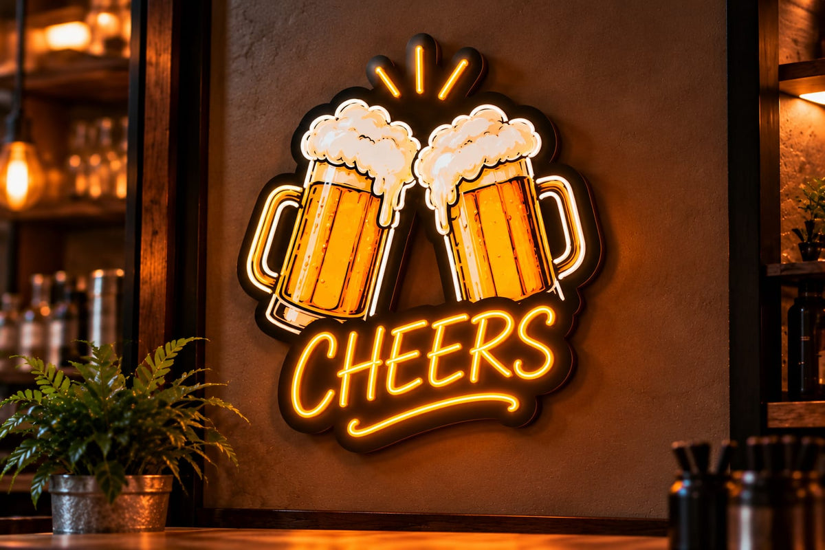 Cheers Beer Mugs Neon Sign – Orange LED Wall Light for Bars, Pubs & Restaurants