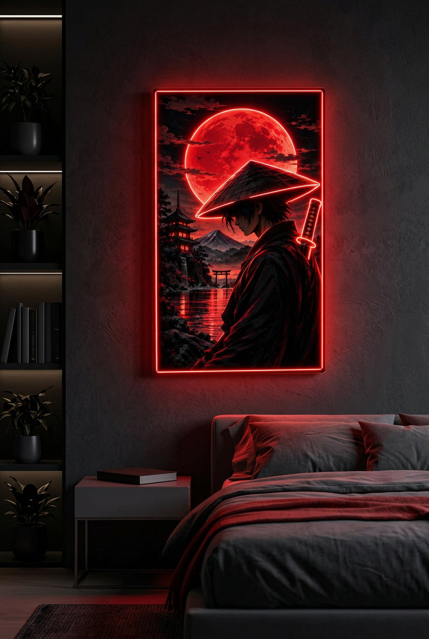 Red Moon Samurai LED Neon Wall Art – Japanese Anime Wall Decor-1