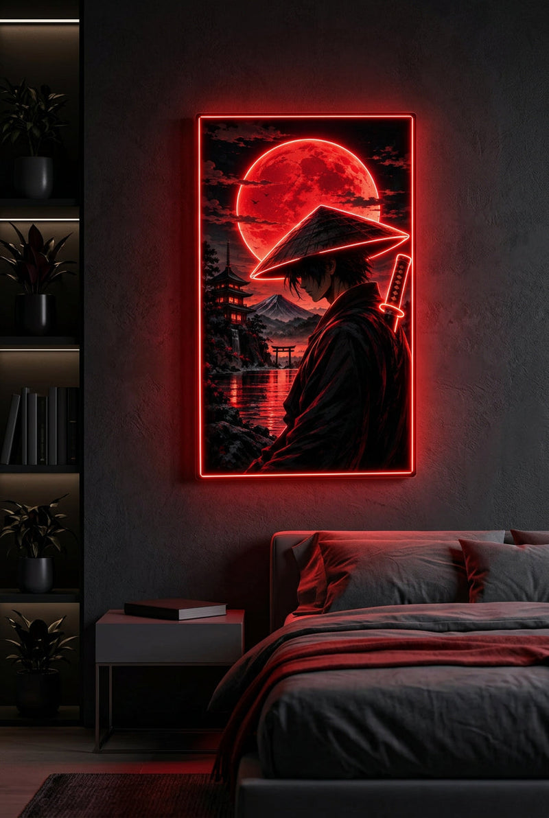 Red Moon Samurai LED Neon Wall Art – Japanese Anime Wall Decor-1