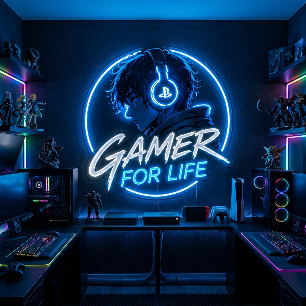 Gamer For Life LED Neon Sign – Blue Anime Gaming Headphone Wall Art