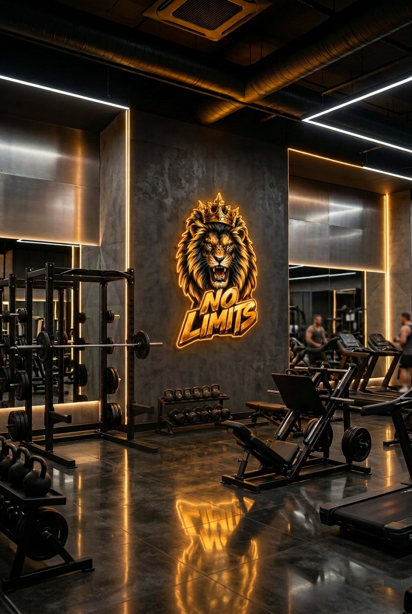 No Limits Golden Lion Neon Sign – Crowned Lion LED Wall Art for Gym & Gaming Rooms