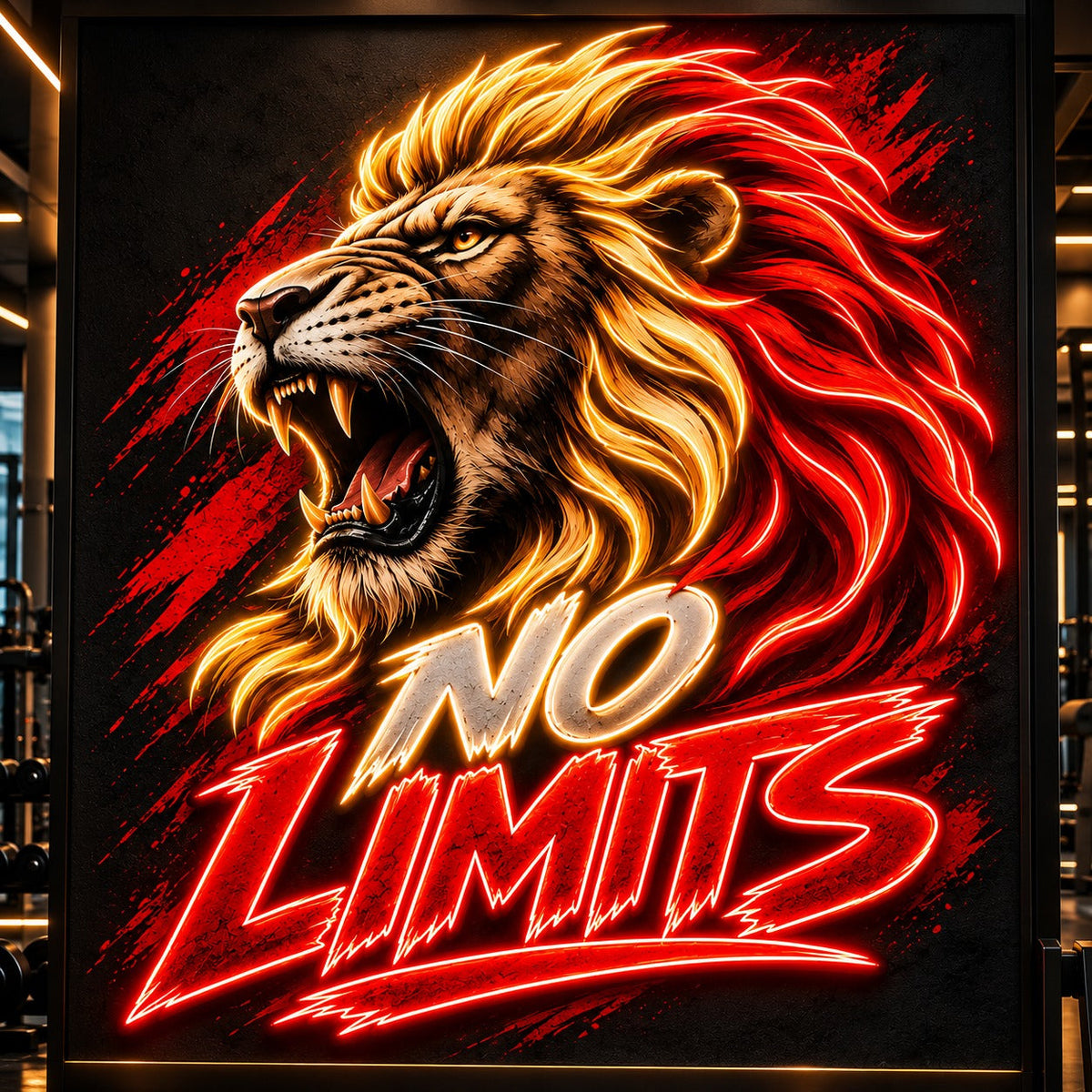 No Limits Lion Neon Sign – Red & Golden LED Gym Wall Art-2