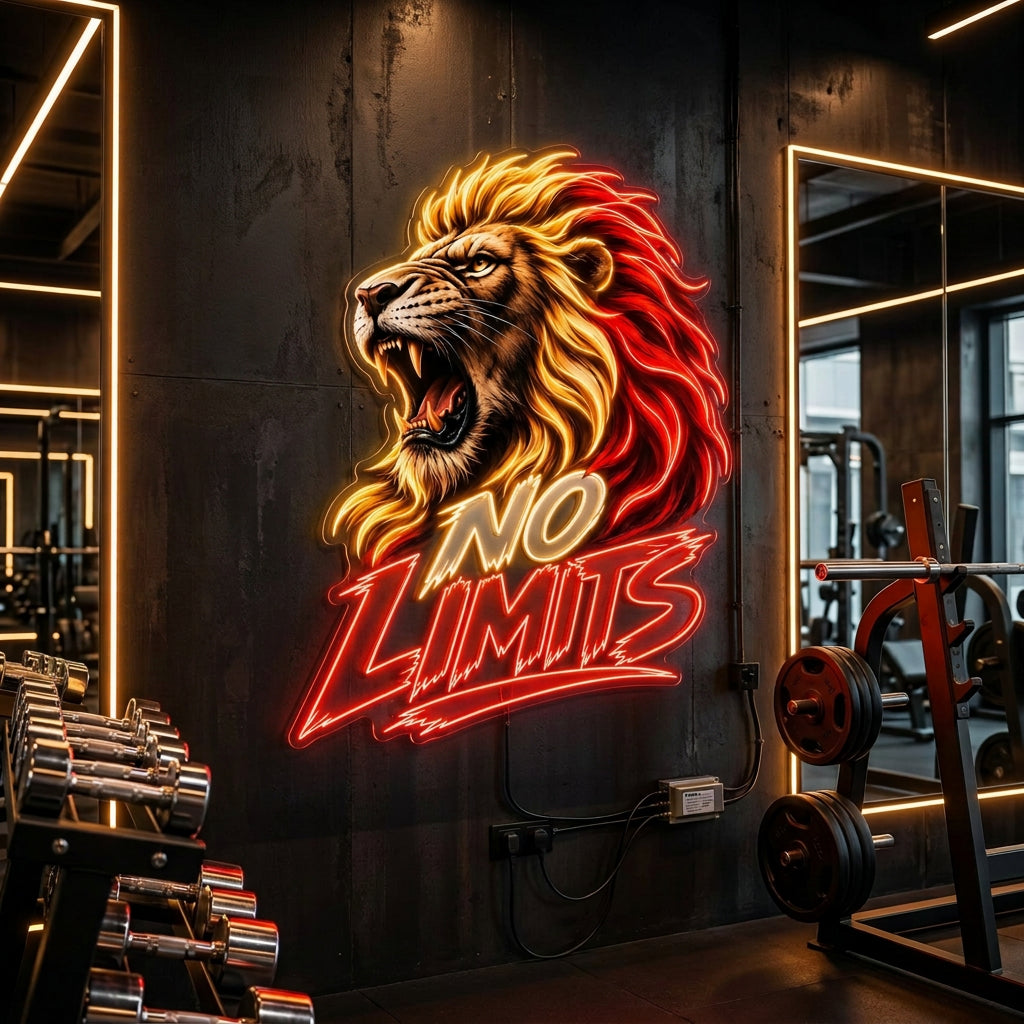 No Limits Lion Neon Sign – Red & Golden LED Gym Wall Art-1