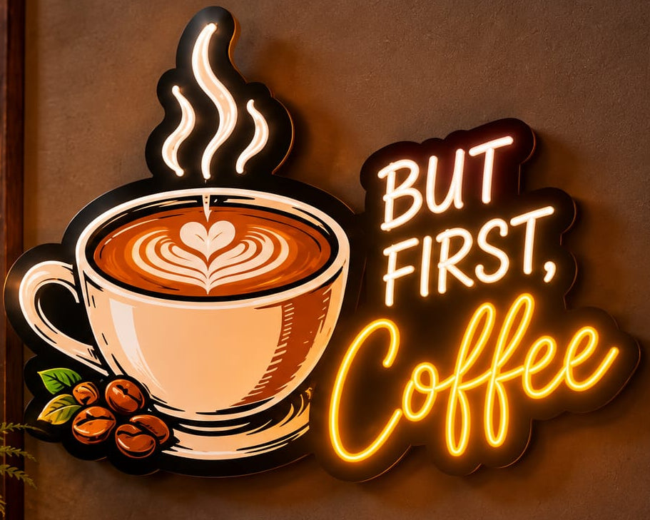 But First, Coffee Neon Sign – Warm White & Golden Yellow LED Wall Light for Cafés