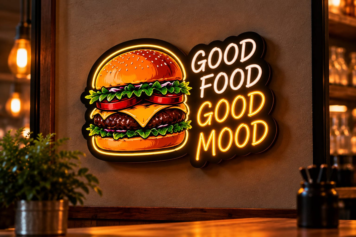 Good Food Good Mood Burger Neon Sign – LED Wall Light for Restaurants & Cafés