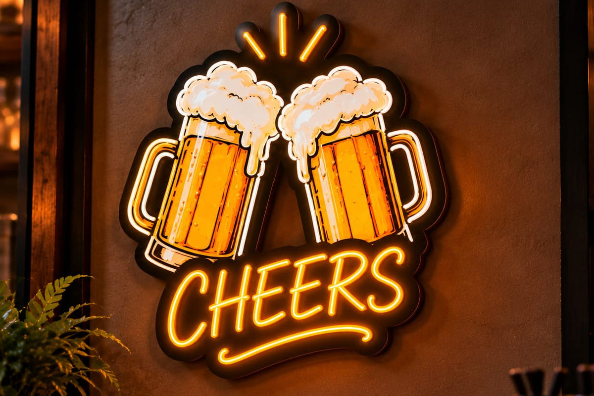 Cheers Beer Mugs Neon Sign – Orange LED Wall Light for Bars, Pubs & Restaurants
