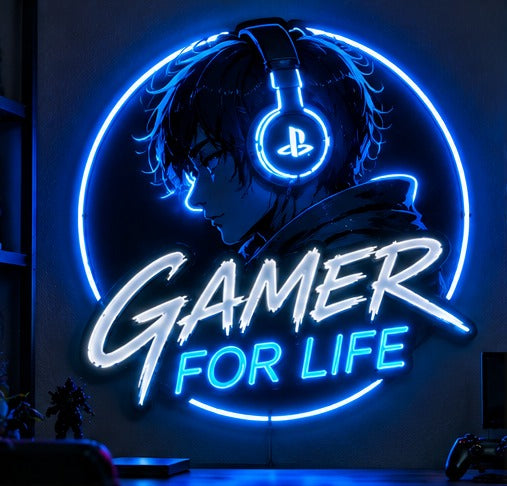 Gamer For Life LED Neon Sign – Blue Anime Gaming Headphone Wall Art-2