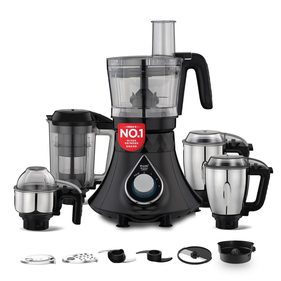Preethi Zodiac Cosmo 750 Watts Mixer Grinder, 5 Jars (1 Food Processor Jar, 3 Stainless Steel Jars, Juicer Jar),Atta Kne
