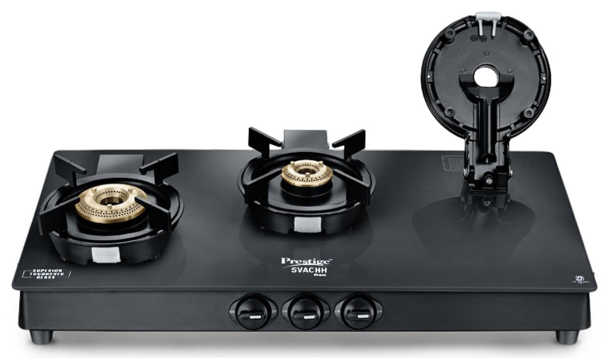 Prestige Svachh Neo 3 Burner Gas Stove | Easy Clean Design-3 Liftable Burners | Toughened Glass Top | Tri-Pin Brass Burn