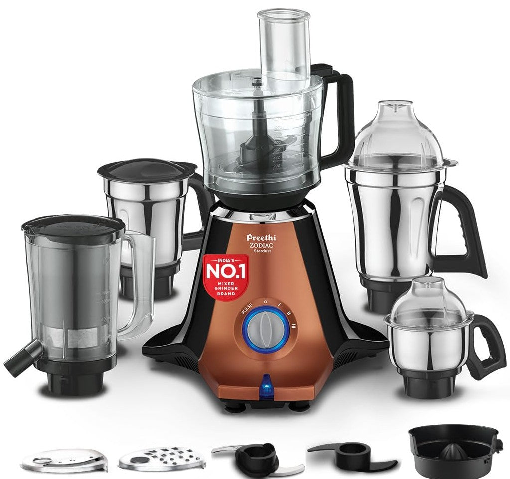 Preethi Zodiac Stardust 750 Watts Mixer Grinder, 5 Jars (1 Food Processor Jar, 3 Stainless Steel Jars, Juicer Jar), Atta
