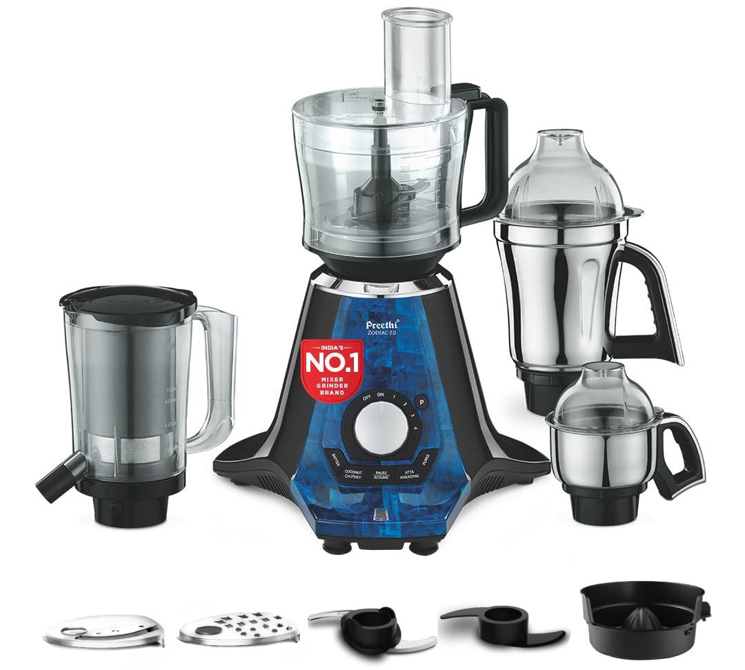 Preethi Zodiac 2.0 1000 Watts, Smart Mixer Grinder, 4 Jars (1 Food Processor Jar, 2 Stainless Steel Jars, Juicer Jar), A
