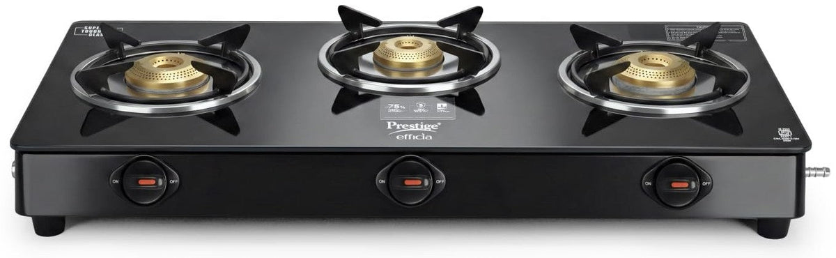 Prestige Efficia LP Open Gas Stove with Powder-Coated Body, Glass Top & 3 Brass Burners