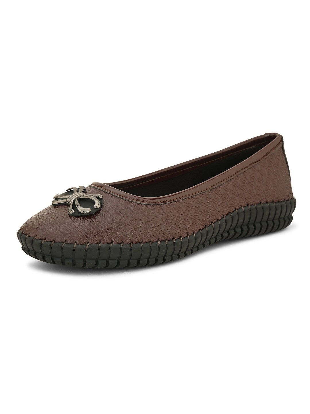 A brown woven-texture flat shoe with a round metal ornament on the toe and a black rubber sole.