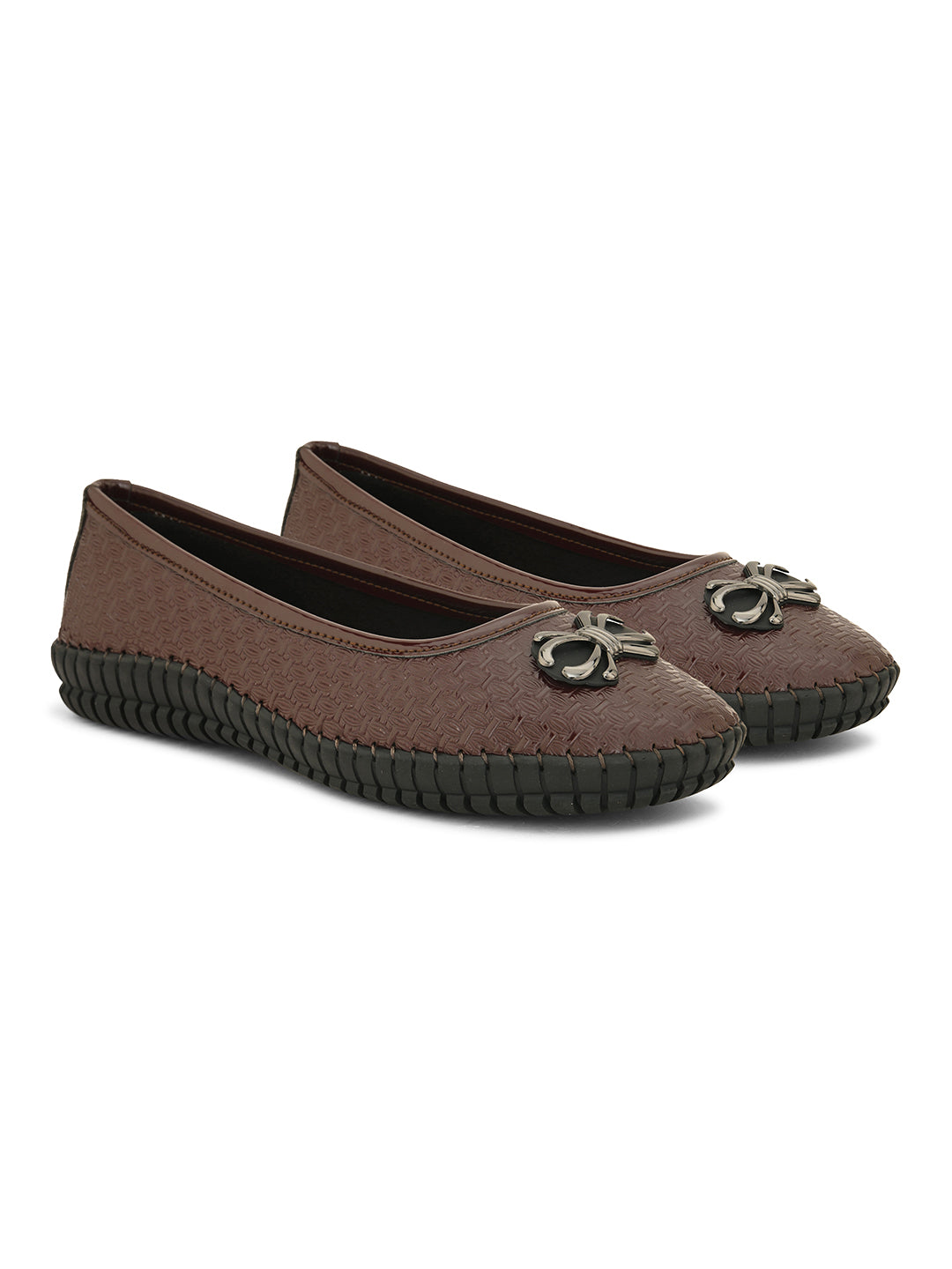 A brown Ballerina Flat with Bow for women, featuring a textured basket-weave upper, round toe, metallic bow detail, and a flexible black rubber outsole for comfort and casual wear.