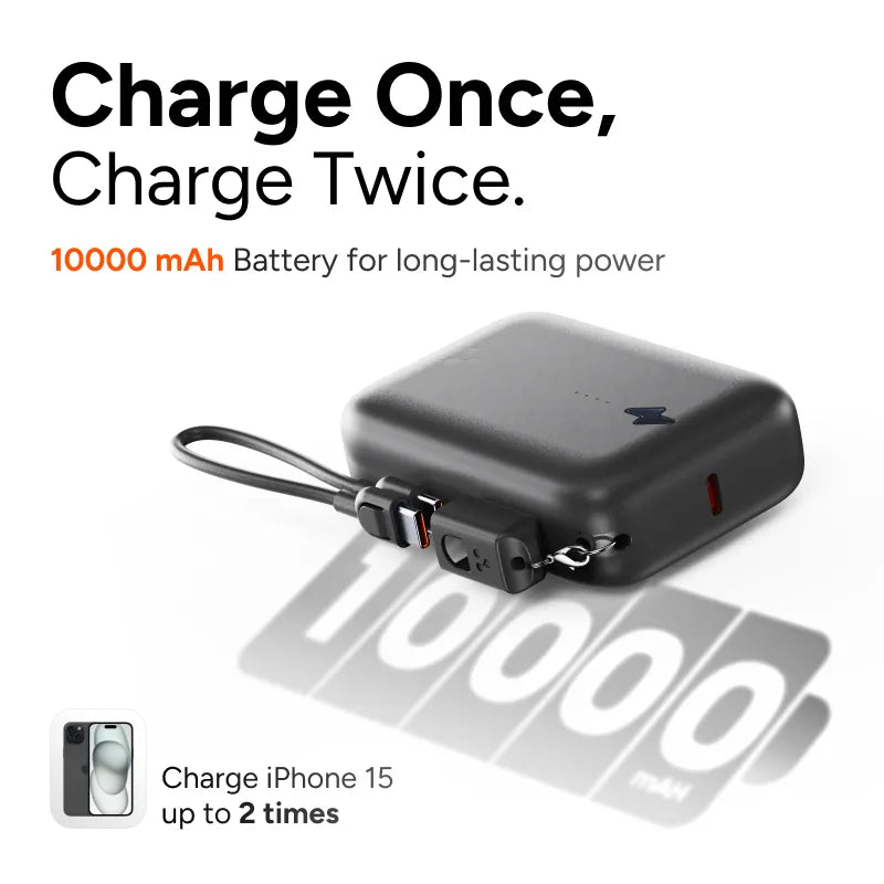10000mAh Battery Pocket Power Bank with Inbuilt Cable - Ambrane India