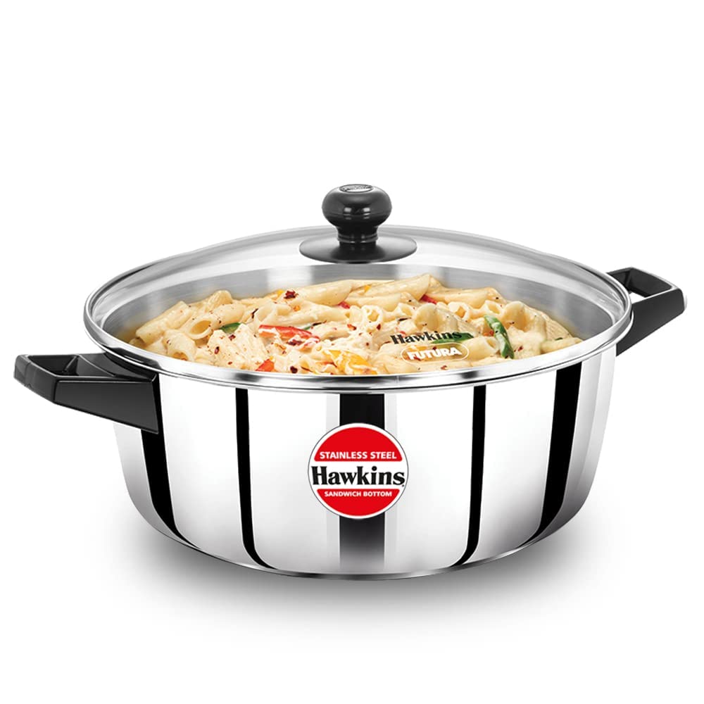 Hawkins Cook n Serve Casserole, Stainless Steel Saucepan with Glass Lid, Induction Pan, Sauce Pan for Cooking and Servin