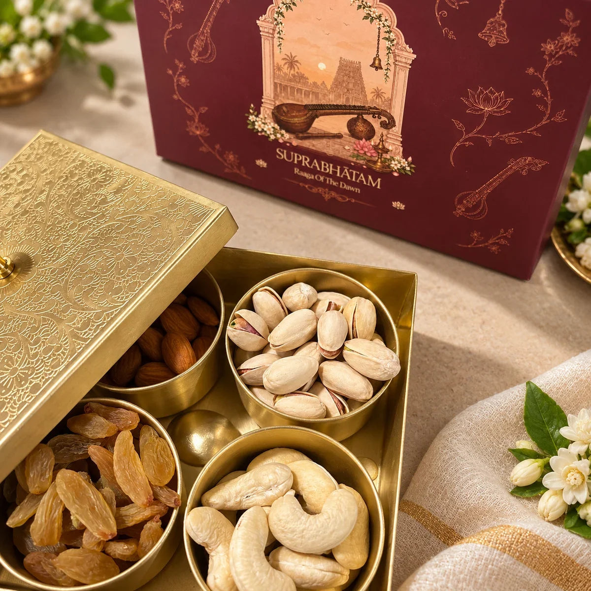 Brushed brass four-compartment dry fruit box with a floral patterned lid and brass knob in front of the maroon Zishta gift box