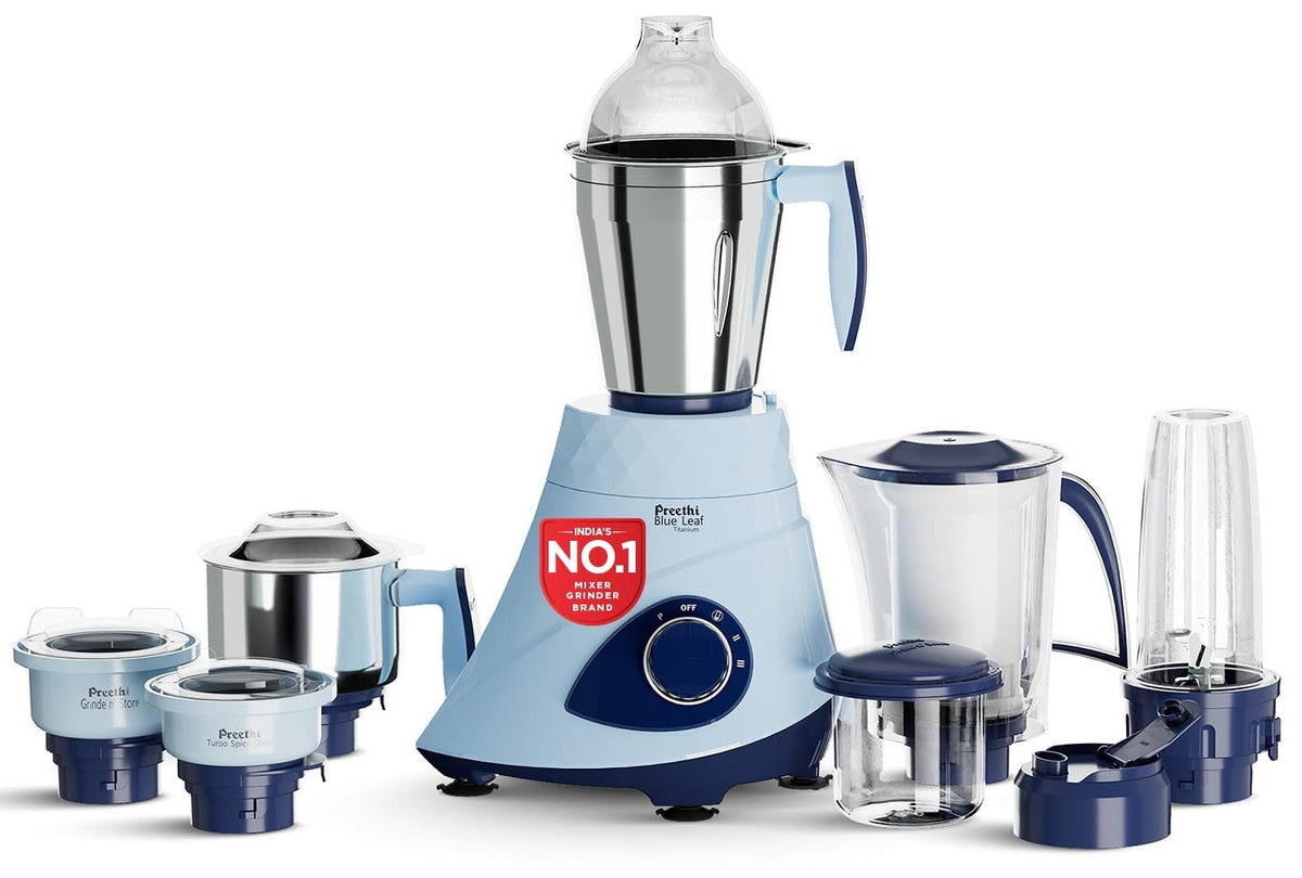 Preethi Blue Leaf Titanium 1000 Watts Mixer Grinder, 7 Jars (4 Stainless Steel Jars, Juicer, Blender), Superfine Grindin