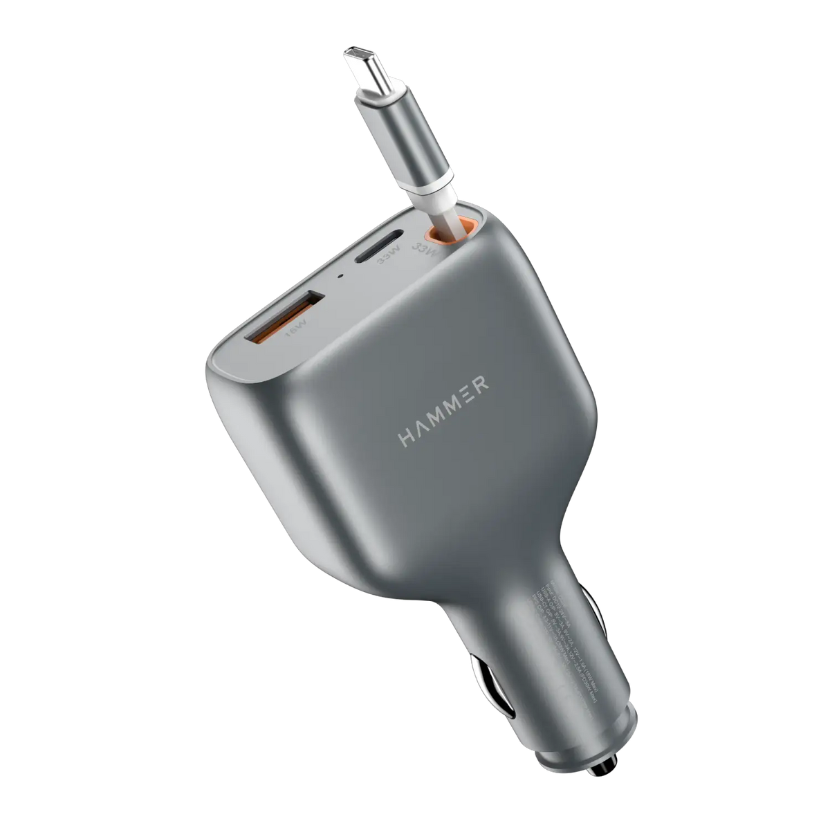 HAMMER 84W 3 in 1 Car Charger, 85 cm Retractable Cable (33W Type-C PD), Dual Port (18W USB Type-A & 33W Type-C) for Laptop, Android, iPhone, Earbuds
