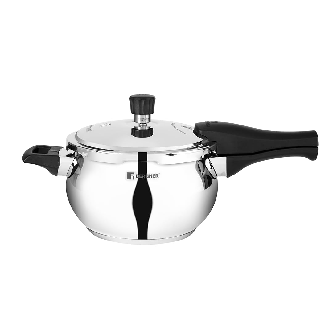 Bergner Pura Globe Stainless Steel Pressure Cooker with Outer Lid, Belly Shape/Handi Cooker, Triply Bottom, Induction Ba