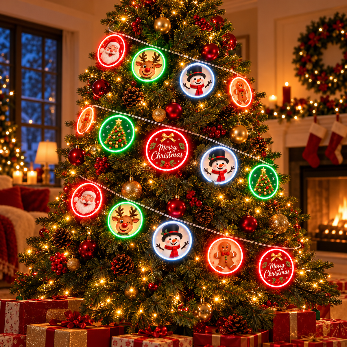 Christmas neon ornament garland on a Christmas tree – Santa, Reindeer, Snowman, Gingerbread Man and Merry Christmas