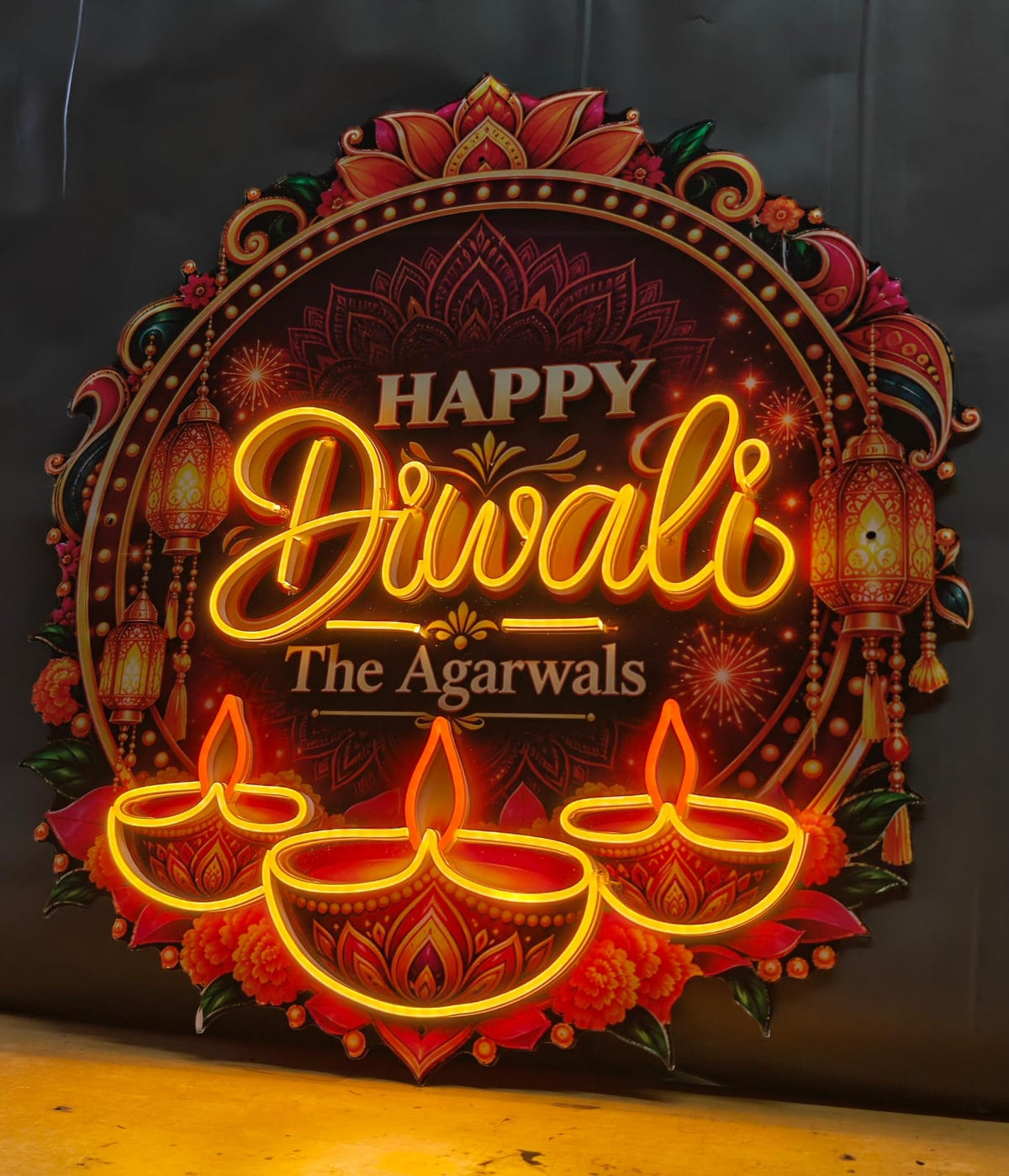 Custom Name Diwali Diya Neon with Glowing Motion Flames