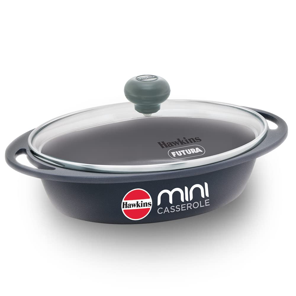 Hawkins 0.75 Litre Mini Casserole with Glass Lid, Oval Shaped Die-Cast pan for Cooking, Reheating, Serving and Storing.
