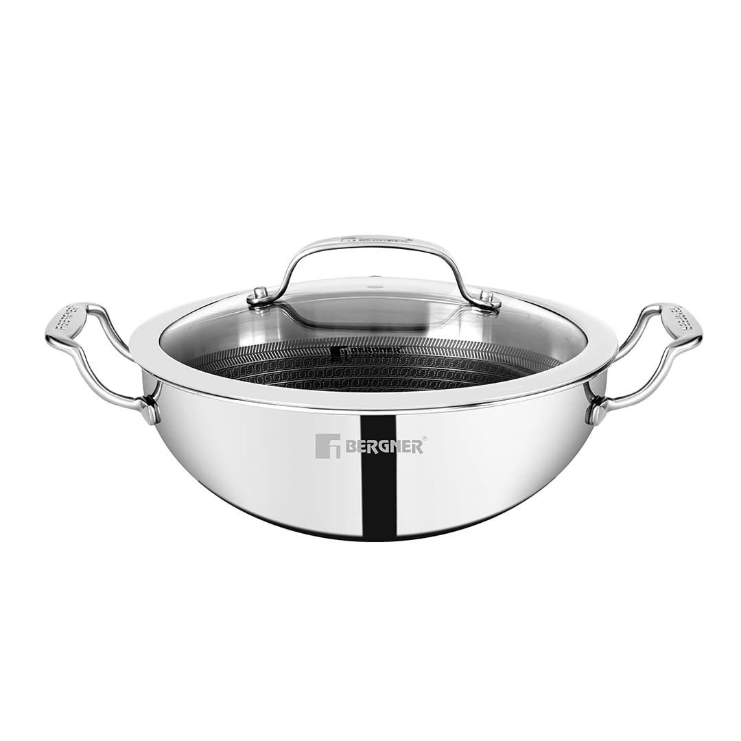 Bergner Hitech Triply Stainless Steel Indian Wok/ Kadai with Steel and Glass Lid, Durable Non Stick Prism Technology, In