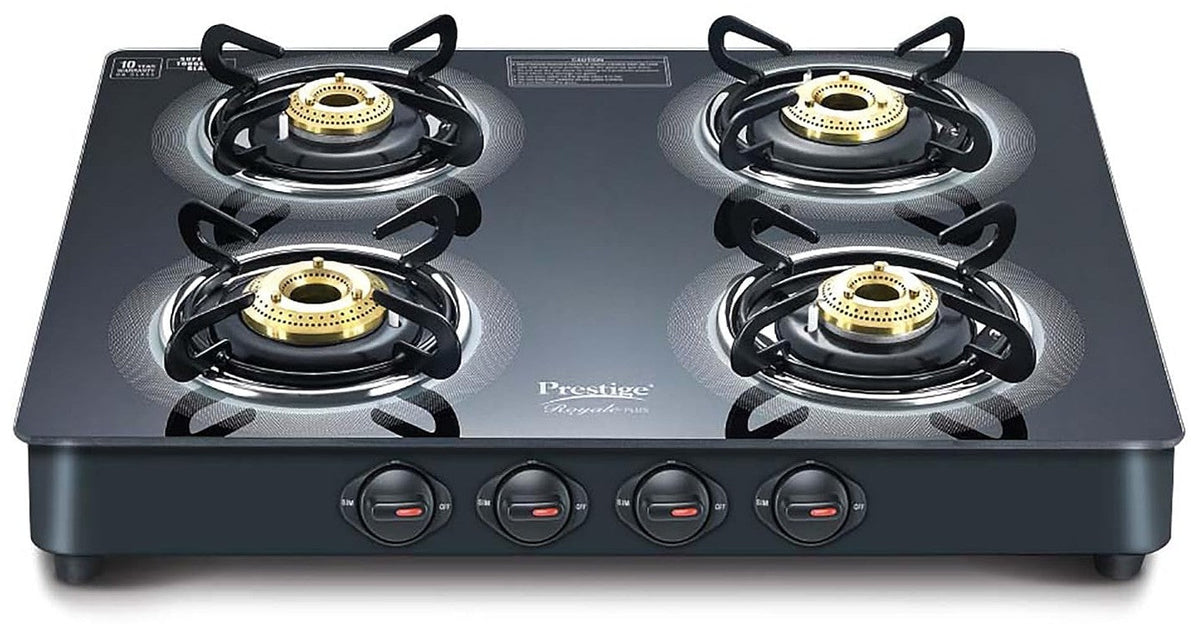 Prestige Royale Plus GT 04 Toughened Black Glass Top Gas Stove(Manual, 4 Brass Burners, Black, Baati/Tandoor Stand Insid
