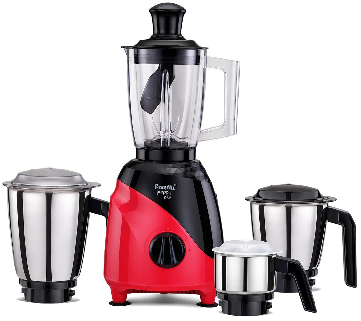 Preethi Peppy Plus MG-246 Mixer Grinder, 750 watt, Red-Black, 4 Jars - Super Food Jar with Texture Builder & 3D Airflow 