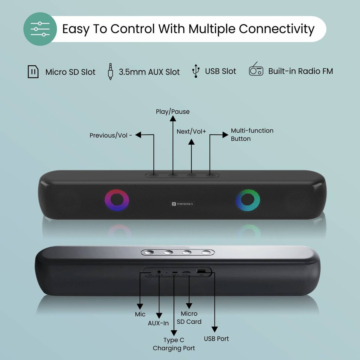 Portronics 21 10W Wireless Bluetooth Soundbar with LED Light, TWS Function, Mic, FM 10 W Bluetooth Soundbar (Black, Stereo Channel)