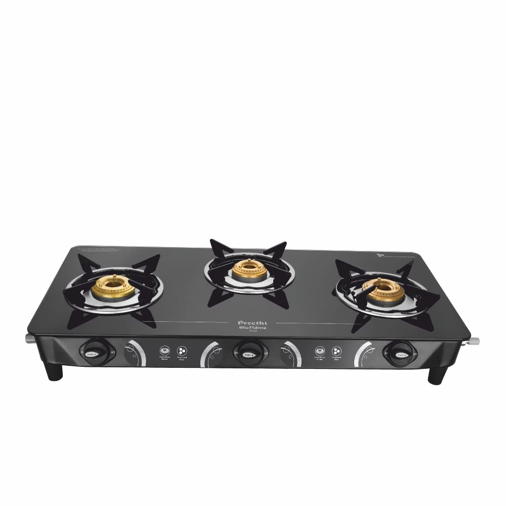 Preethi Blu Flame Zeal Pro 3-Burner With Jumbo Burner | Glass Top Manual Gas Stove (Black) (ISI Certified)