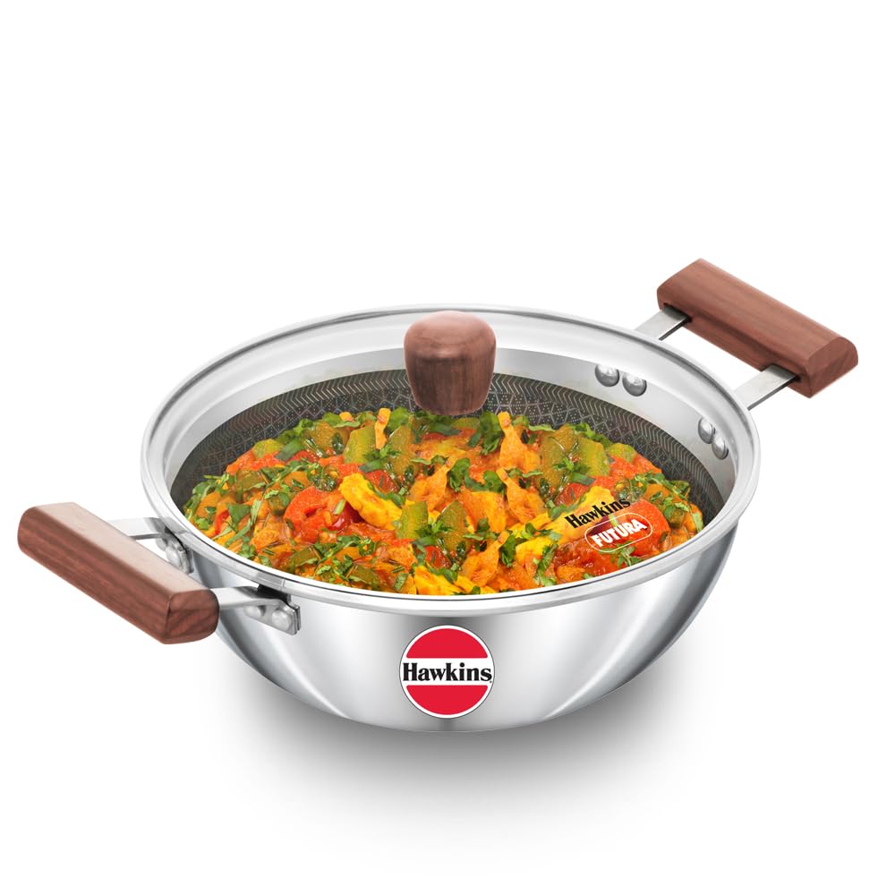 Hawkins 2.5 Litre Deep Kadhai, Triply Stainless Steel Shielded Nonstick Deep-Fry Pan with Rosewood Handle, Honeycomb Non