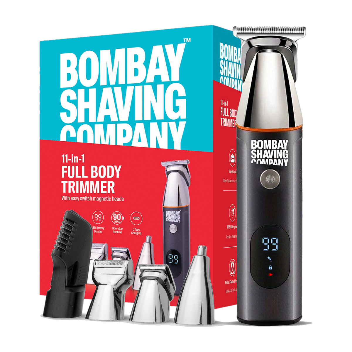 Bombay Shaving Company 11-in-1 full body trimmer Fully Waterproof Trimmer 90 min Runtime 3 Length Settings (Black)