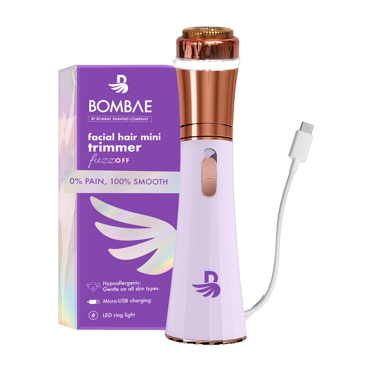 Bombae Women Painless Trimmer for Facial Hair and Eyebrow and Sideburns Fully Waterproof Trimmer 30 min Runtime 1 Length Settings (Purple)