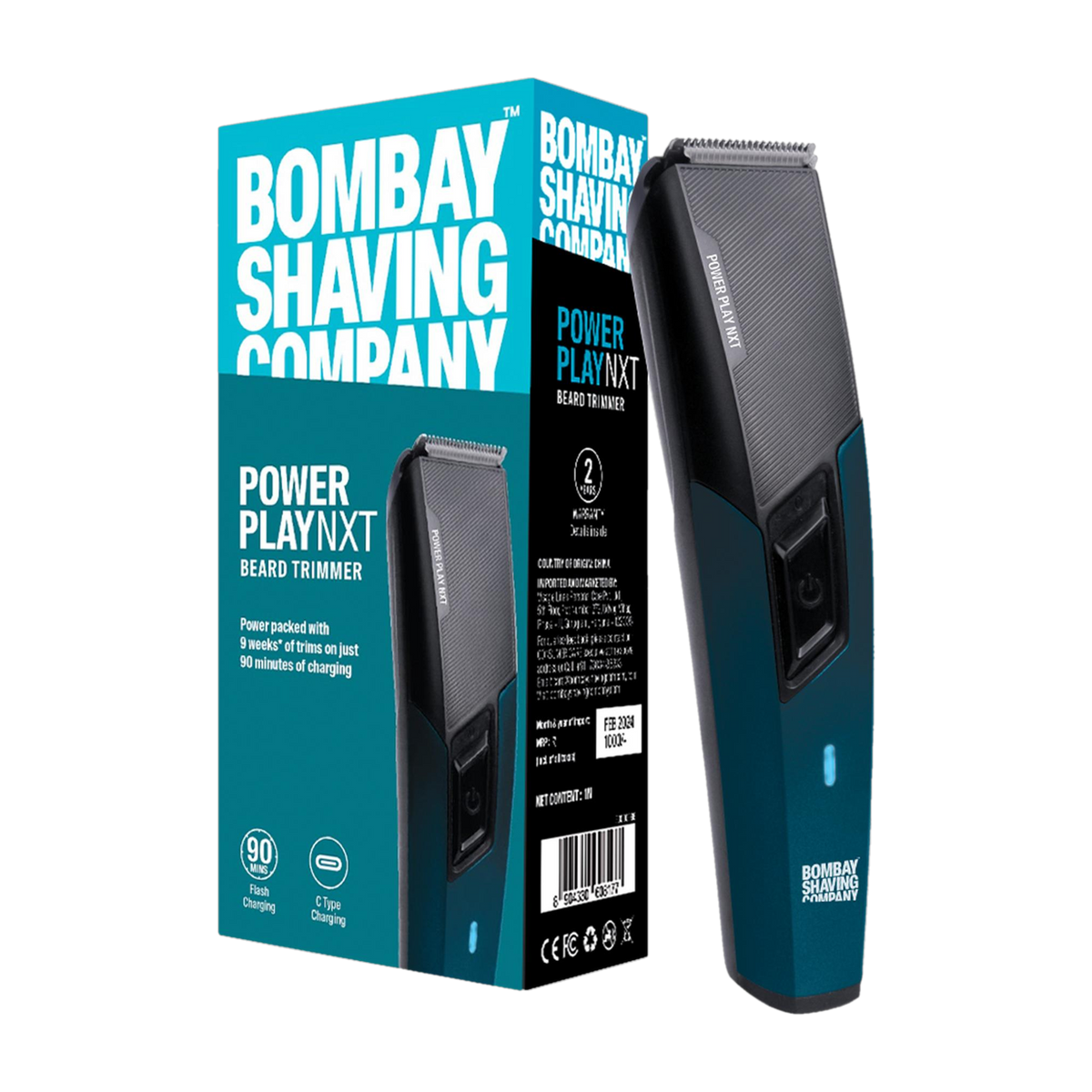 Bombay Shaving Company Power Play NXT 9 Weeks of trim, 90 mins run time, Type C, Self sharpening blades Fully Waterproof Trimmer 90 min Runtime 6 Length Settings (Blue)