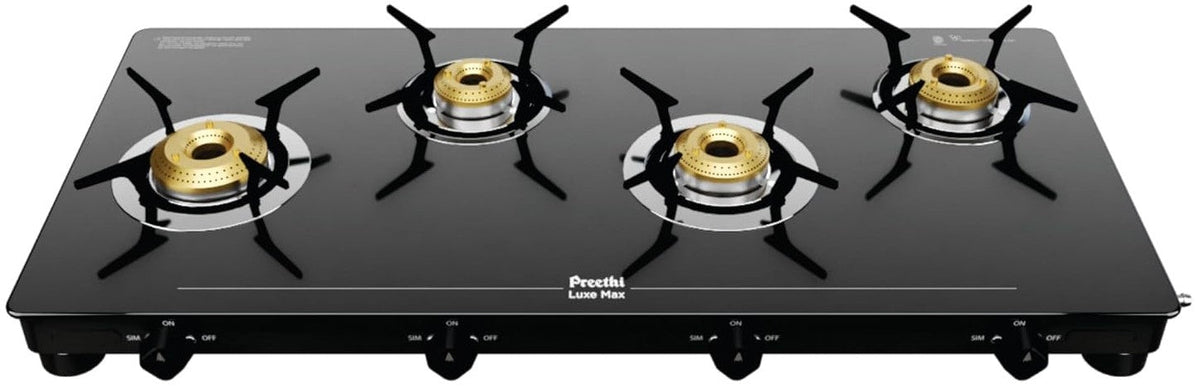 Preethi Luxe Max 4 Burner Glass Top Gas Stove With Driptray Less Infinity Design, With Jumbo Burner, 5 Year Warranty on 