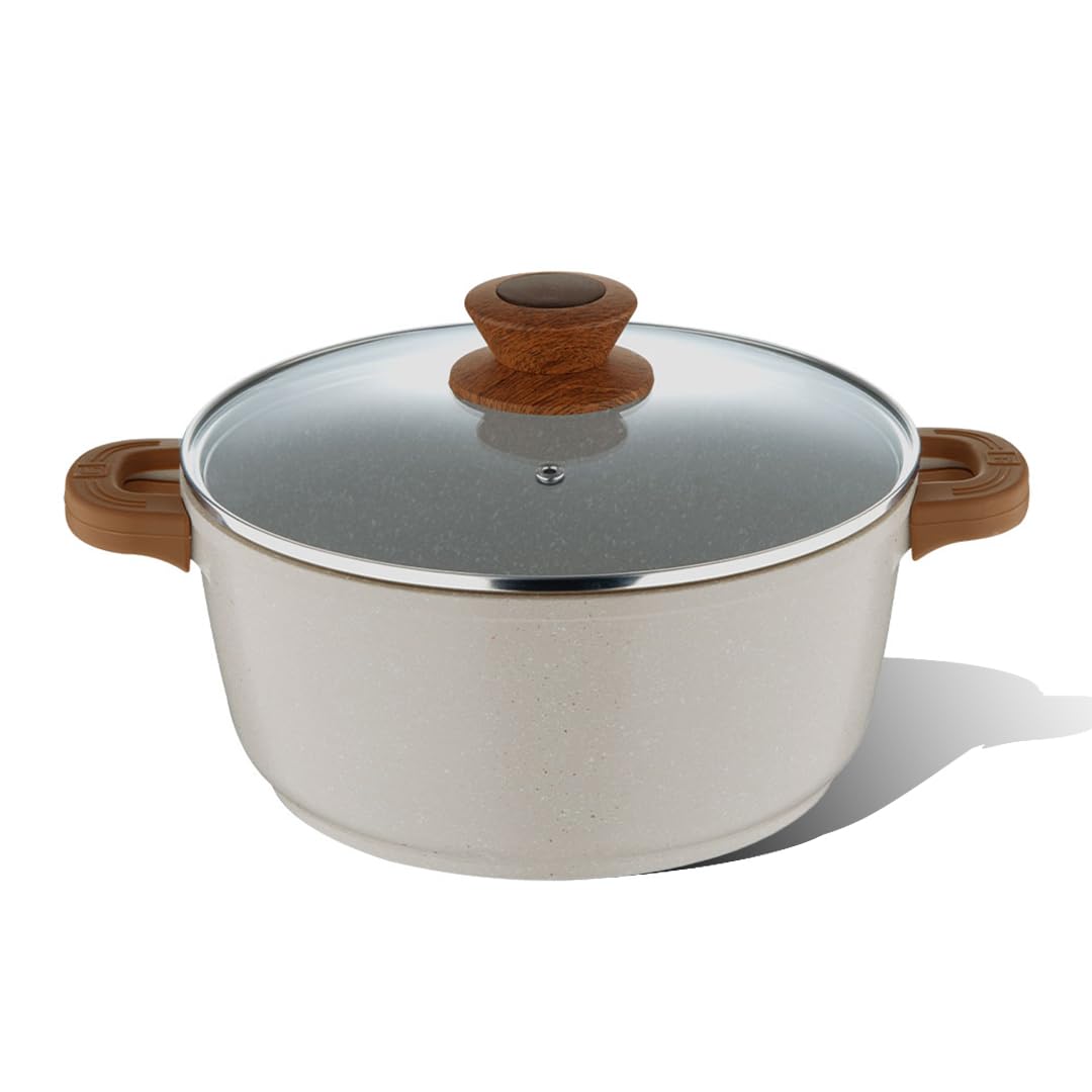 Bergner Naturally DieCast NonStick Casserole with Glass Lid, Capacity, Free Woven Trivet, Heat Resistant Silicone Handle